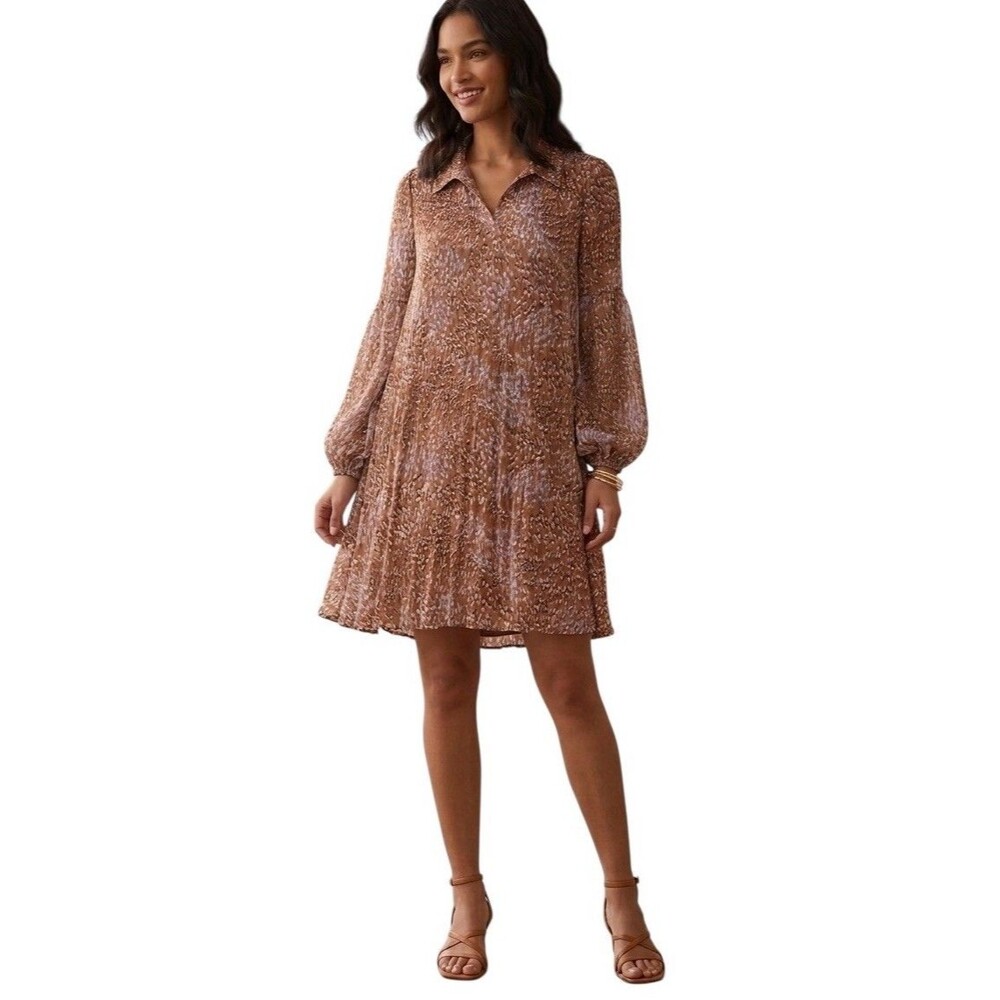 Nine West Pleated Mini A-Line Dress Sz Small Sheer Blouson Sleeves Cafe Brown